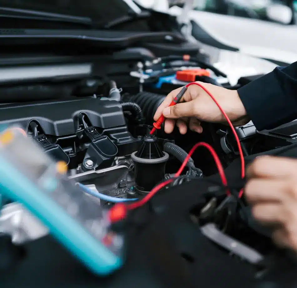 Technician testing electrical connections under the hood with a multimeter at Cain and Sons’ Automotive in Glen Rock, PA, ensuring accurate ADAS sensor performance.