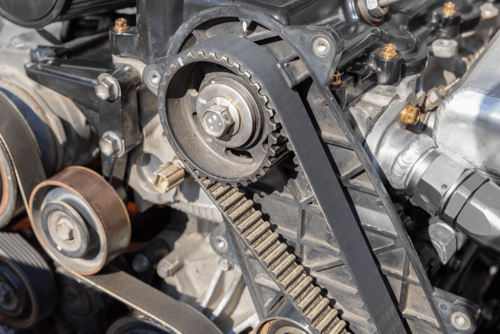 Timing belt replacement, auto repair in Glen Rock, PA, at Cain and Sons' Automotive. Image of exposed engine timing belt, pulleys, and gears, highlighting precision maintenance for engine performance and reliability.